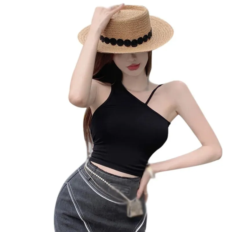 Znbbw Women's Vest Slanted Shoulder Navel Short Style Halter Neck Solid Color Camisole - Image 4