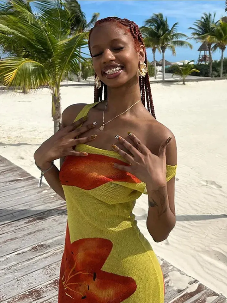 Znbbw Printed See Through Sleeveless Dress Women Fashion Diagonal Collar Long Robes 2024 Summer Female Beach Holiday Dresses - Image 3