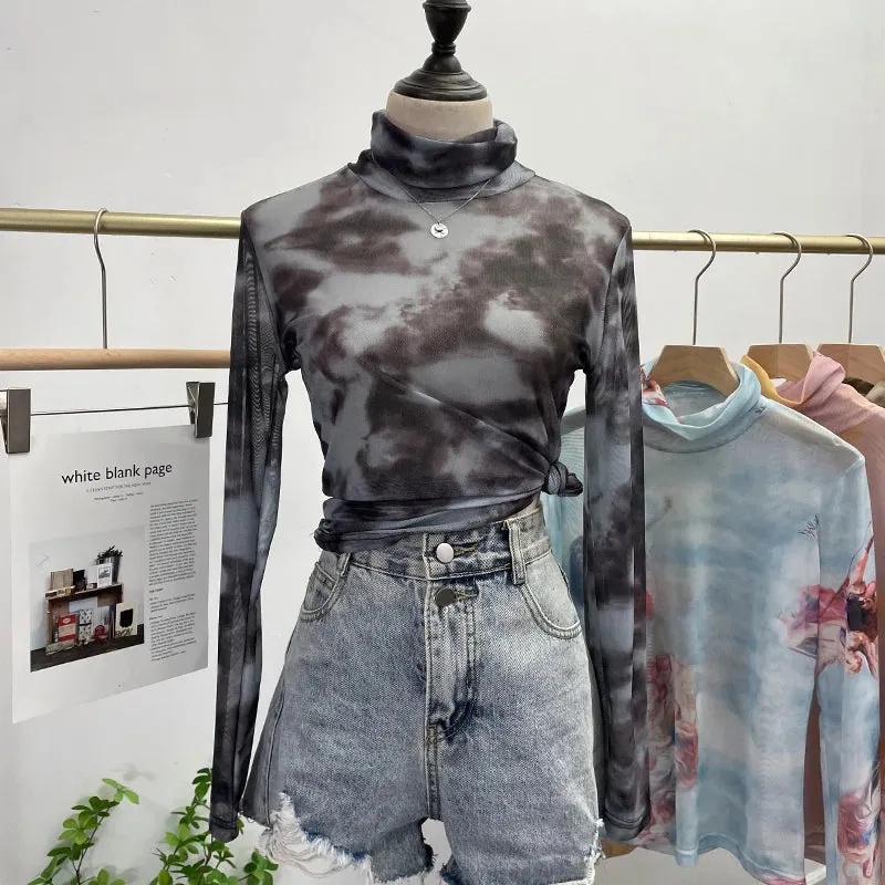 Znbbw Autumn Single-Layer Mesh Base T Shirt Girls Printed Full Sleeve Turtleneck Tees Slim Women See Through Tshirts - Image 3