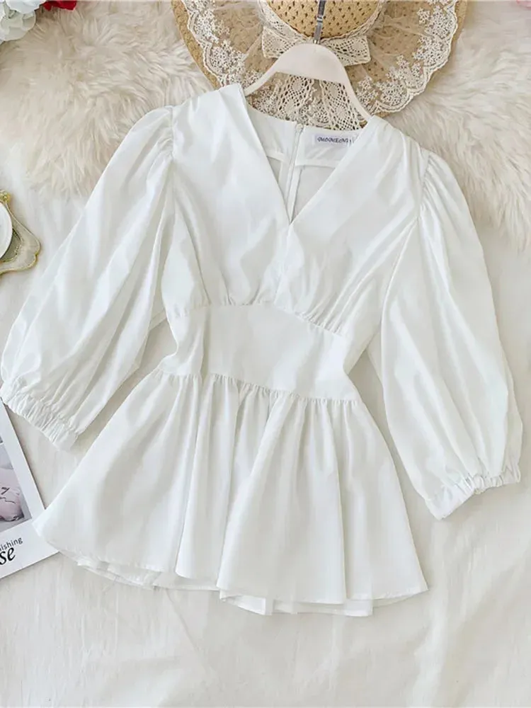 Znbbw Women's V-neck Shirt Spring Summer Temperament Lady Style Was Thin Waist Full Shirt Tide Solid Puff Sleeve Tops Blouses ML564 - Image 4