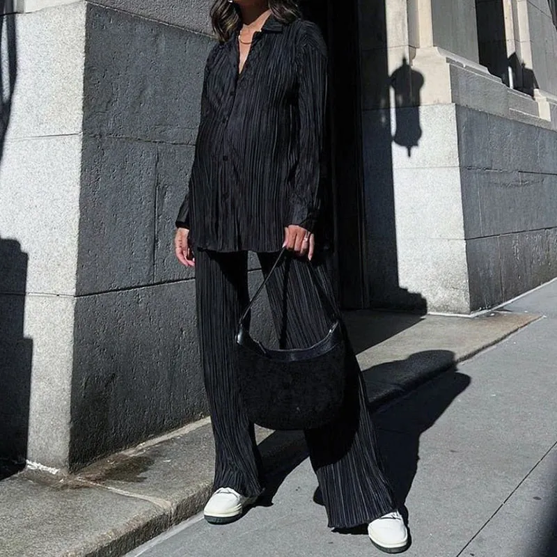 Znbbw Women Pleated Two Piece Sets Loose Wide Leg Trousers With Long Sleeve Blouses Elegant Casual Office Lady Home Suit Outfits Sets - Image 3