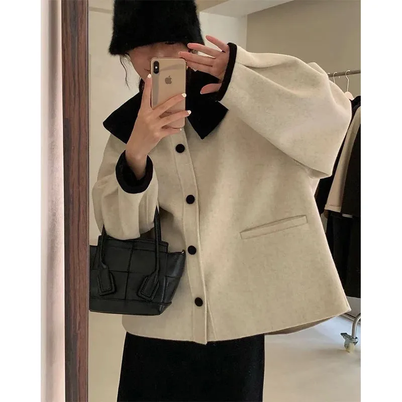 Znbbw Wool Blends Coats Women Korean Cropped Woolen Overcoat Sweet Peter Pan Collar Short Jackets Streetwear Casual Outwear - Image 3