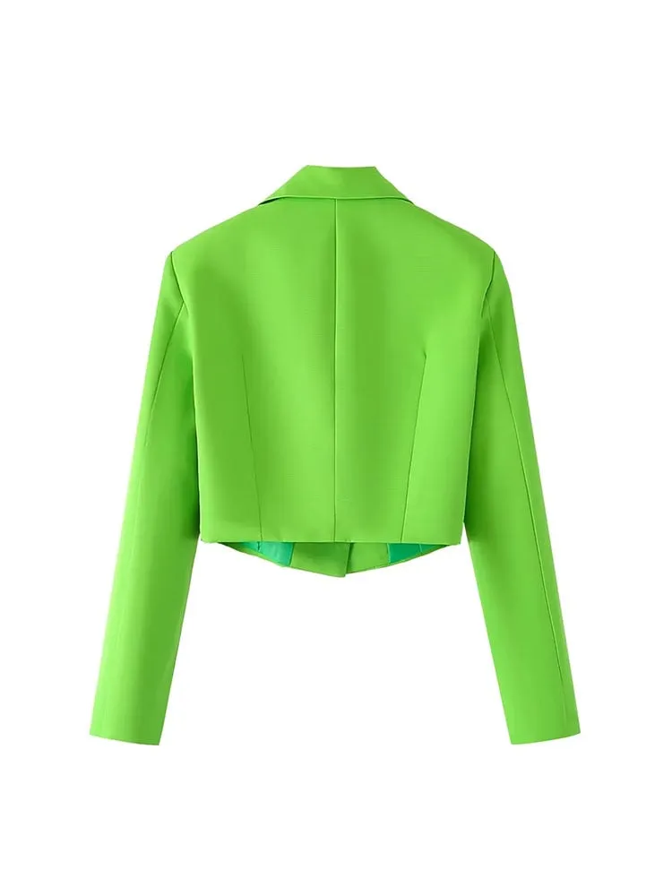 Znbbw Women Fashion Solid Single Button Cropped Blazer Vintage Long Sleeves Notched Neck Female Office Lady Outfits - Image 3