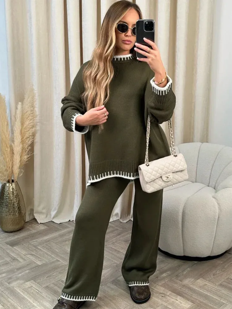 Znbbw Women's Knitwear Suit Autumn Winter Loose O-neck Long Sleeve Striped Pullover Soft High Waist Straight Pants Two-piece Suits - Image 6