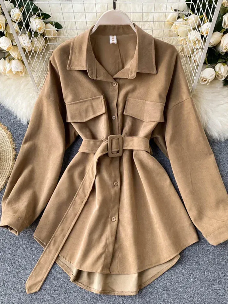 Znbbw Women Spring Autumn Shirts Retro Cargo Style Pockets Long-Sleeved Shirt Puff Sleeve Bandage Nipped Waist Tops Female PL438