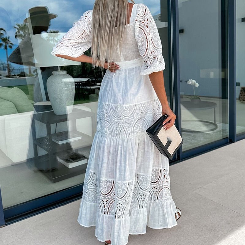 znbbw Women Retro Loose Beach Dress Fashion New Lace Patchwork Ladies Elegant Dress Temperament Square Collar Tie-Up Ruched Maxi Dress - Image 7