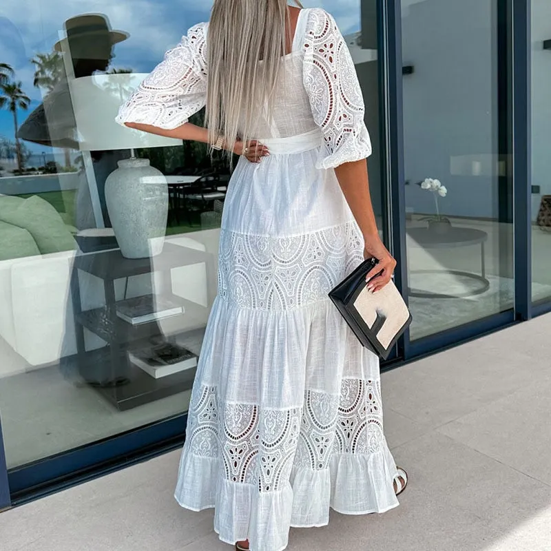 znbbw Women Retro Loose Beach Dress Fashion New Lace Patchwork Ladies Elegant Dress Temperament Square Collar Tie-Up Ruched Maxi Dress 0410 - Image 7