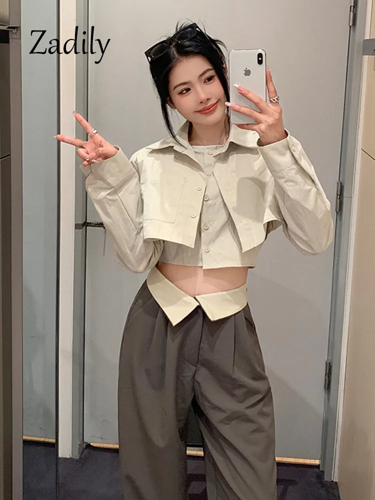 znbbw 2023 Summer Y2K Long Shirt Women Crop Shirt Korea Style Fake two pieces Button Up Woman Blouse Sexy Female Clothing Top - Image 3