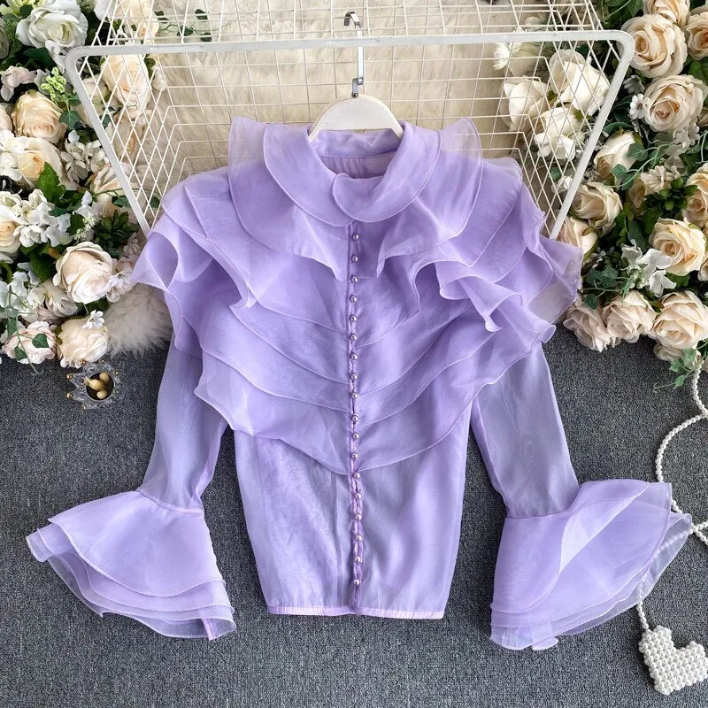 Znbbw Women's Spring Autumn Shirt Sexy Multi-layered Ruffles Blouse O-Neck Buttons Slim Fit Flare Sleeve Top Female Blusa GX1053 - Image 5