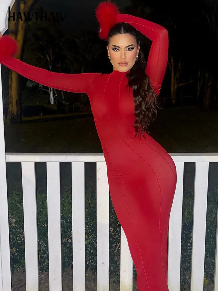 Znbbw Women Long Sleeve Fur Patchwork Bodycon Streetwear Red Long Dress 2023 Autumn Clothes Wholesale Items For Business - Image 3
