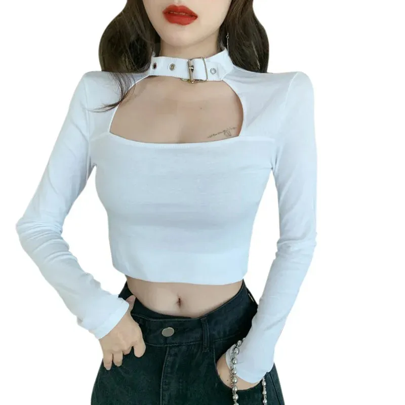 Znbbw Women's Square T-shirt  Collar Slim Sexy Navel Exposed Long Sleeved T-shirt Tops - Image 5