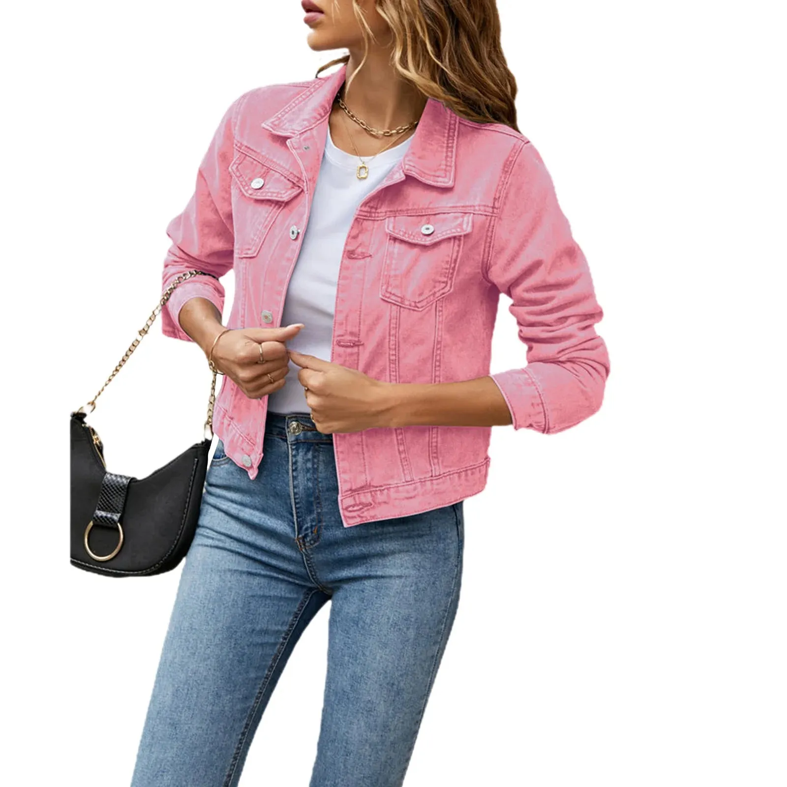 Znbbw Women's Denim Jackets Fashion Female Casual Long Sleeve Lapel Solid Button Down Chest Pocket Slim Jean Jacket Fall Winter Coat - Image 9