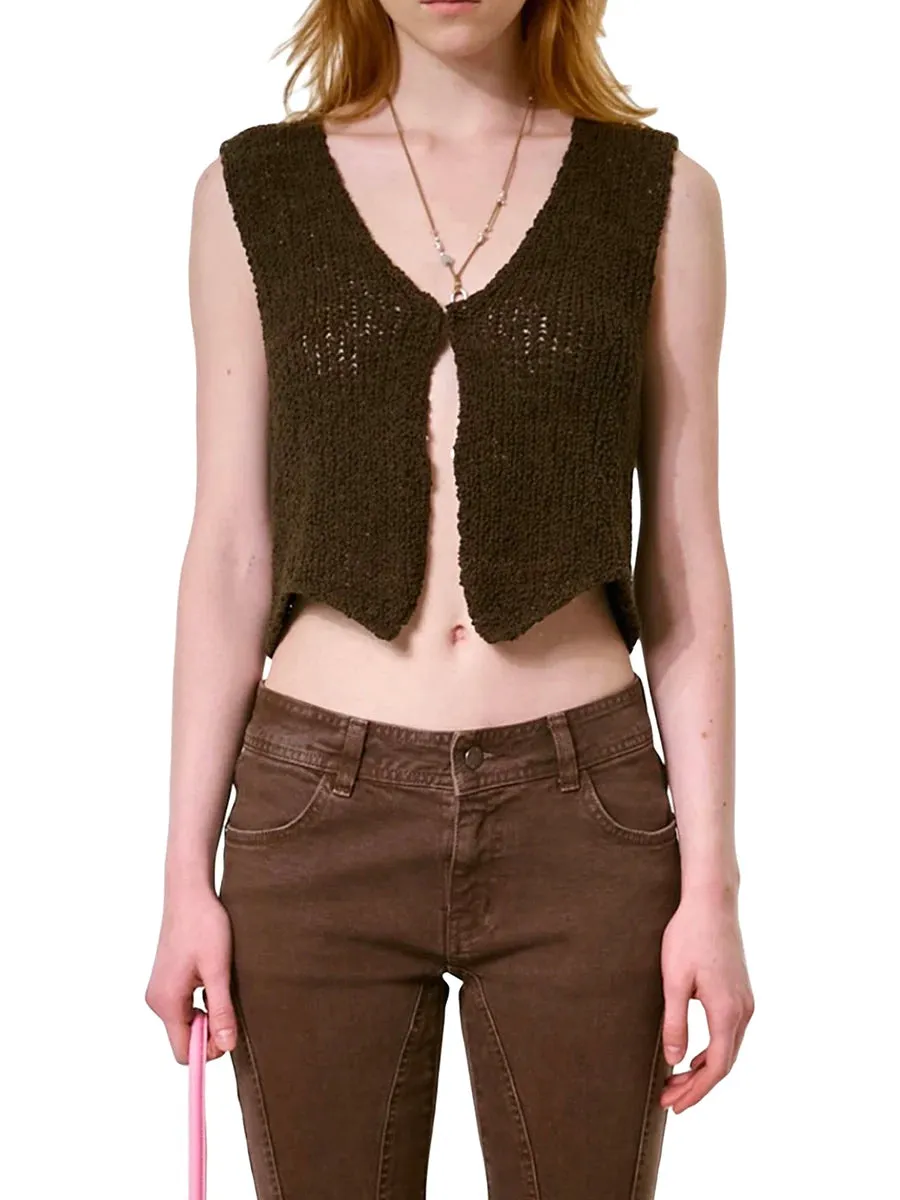 Znbbw Women Knitted Hollow Cropped Camis y2k Aesthetic V-Neck Button Tank Tops Sleeveless Vintage Camisole Harajuku Streetwear - Image 7