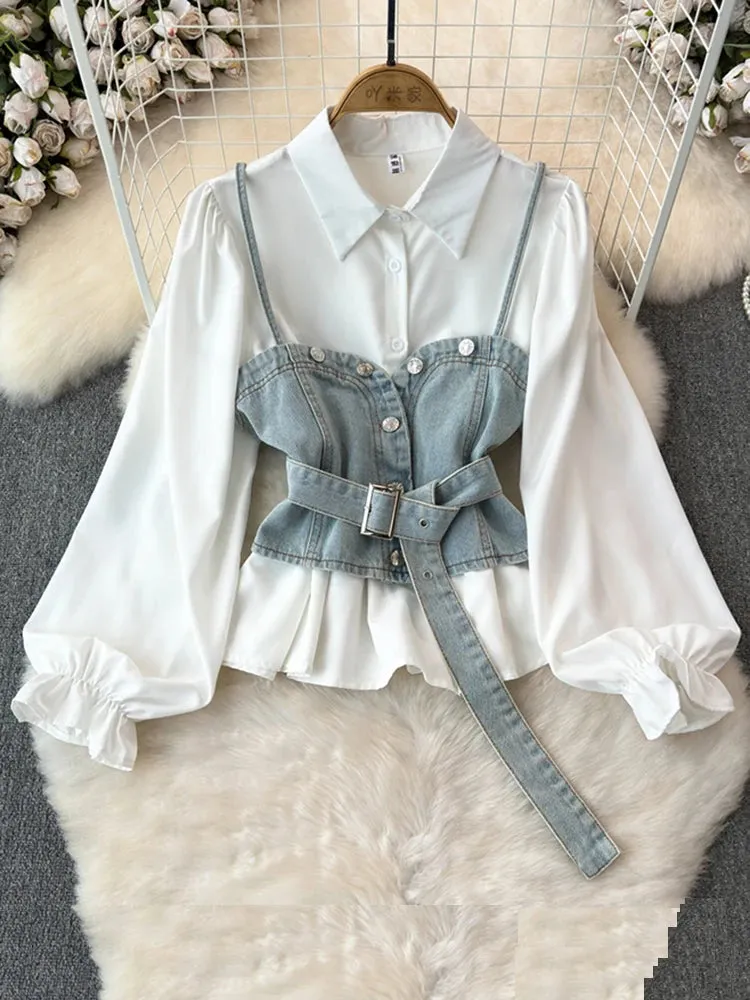 Znbbw Autumn Women's Vest Two piece Set Long sleeved Waist Lotus Leaf Shirt Two piece Set Denim Vest Tank Top Women's Top ML572 - Image 7