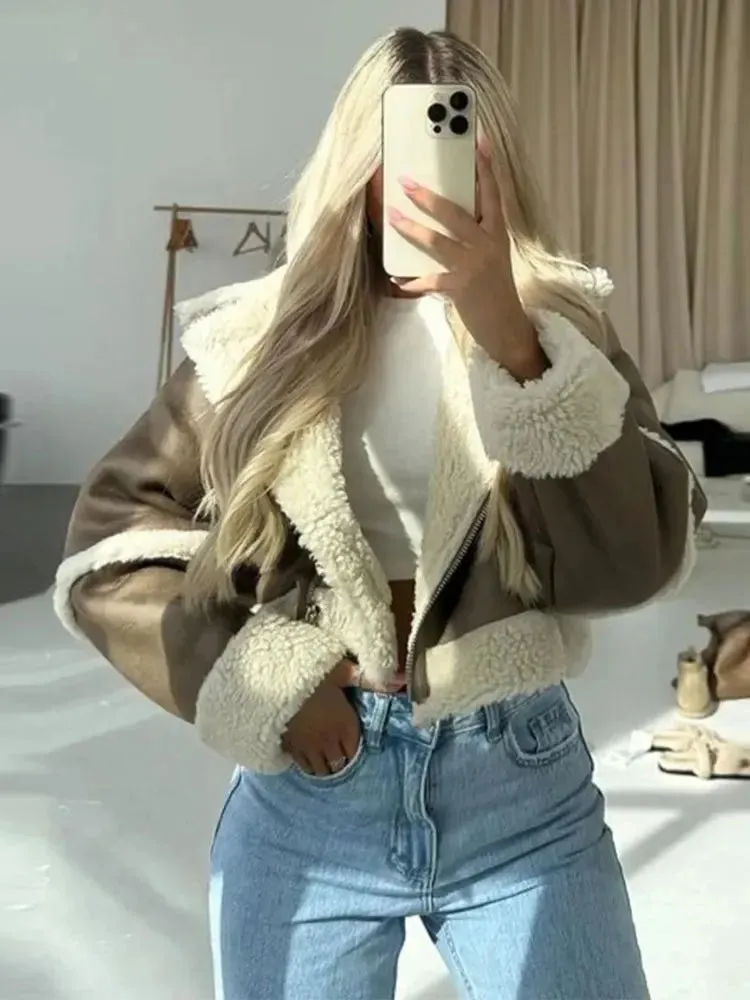 Znbbw Wool Patchwork Lapel Long Sleeved Warm Jacket Casual Fashion Women's Cropped Jacket 2023 Autumn/Winter Lady Thick Outwear - Image 3