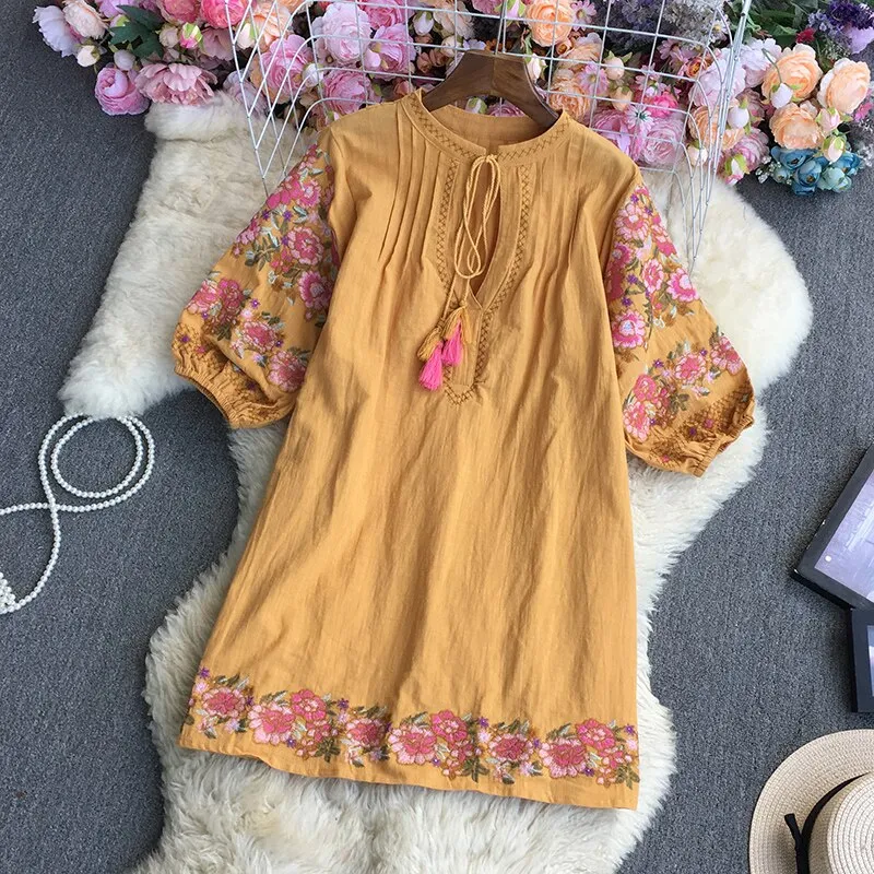 Znbbw Women Summer Dress Ethnic Style Gentle, Loose and Elegant Slim V-neck Retro Embroidered Dress Mid-length Dress D1834 - Image 5