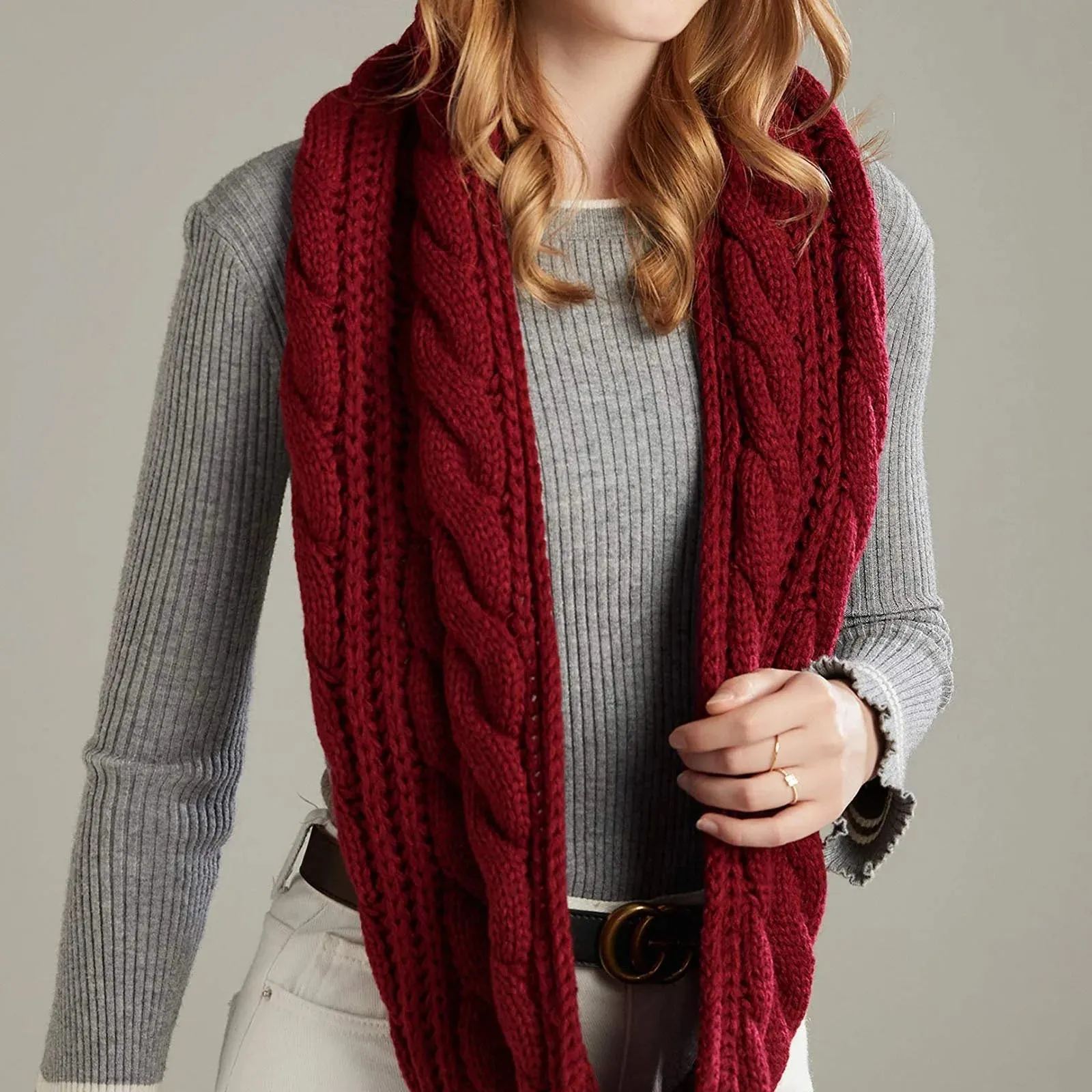 Znbbw Womens Solid Thick Scarf Ribbed Knit Winter Circle Loop Scarf Vintage Teenagers Girls Ring Scarves Autumn Winter Warmer Neck - Image 2