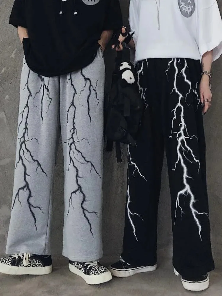 Znbbw Autumn Pants Lightning Print Casual Loose All Match Oversized Pantalones Draw String Punk Gothic Harajuku Y2k Clothes