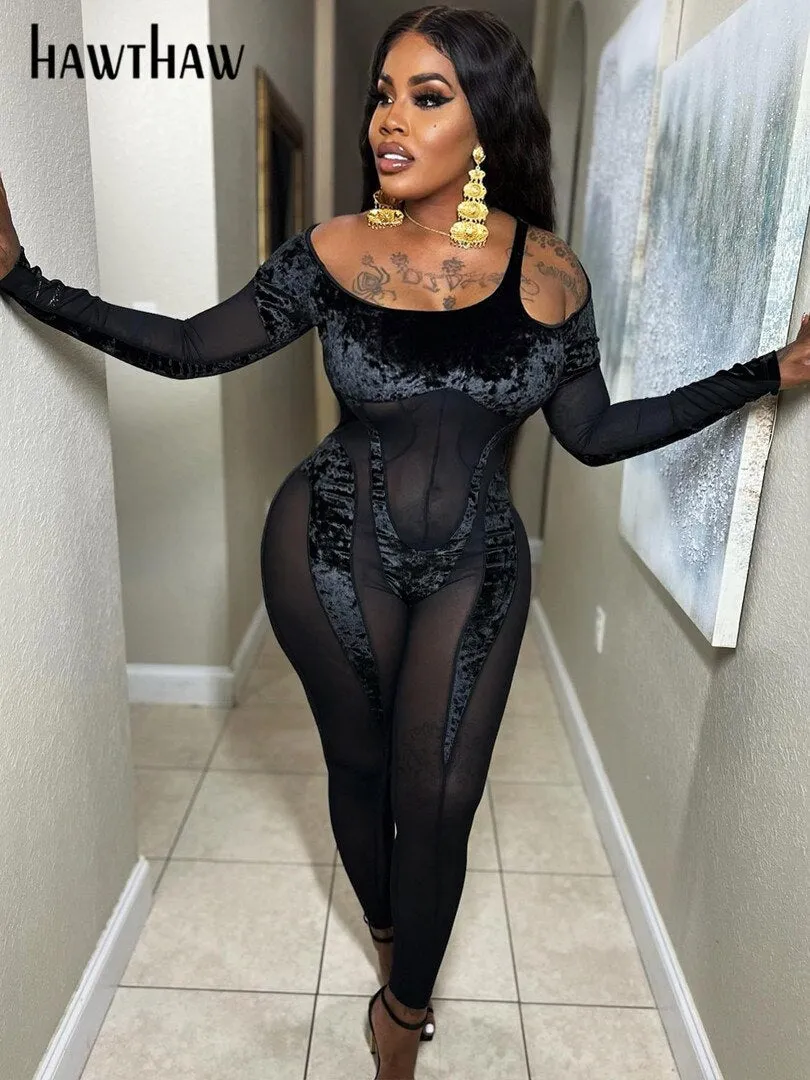 Znbbw Women Long Sleeve Mesh Velvet Bodycon Black Jumpsuit Overalls One Piece Outfit 2023 Fall Clothing Wholesale Items - Image 2