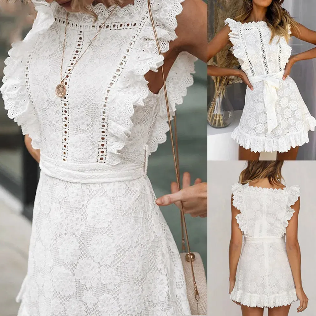 Znbbw Women Summer Elegant White Dress Lace Embroidered Evening Party Mini Dress Casual Ruffles Tassel Beach Summer Dress Sundress - Image 7