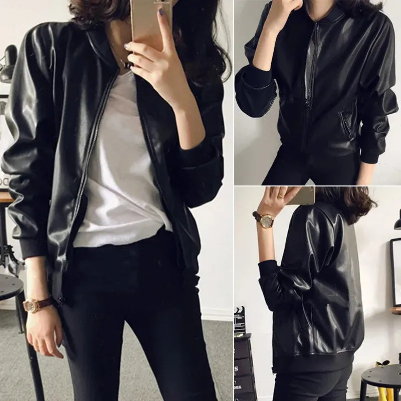 Znbbw Women Korean version slim fit PU short jacket Leather Zipper Slim Biker Jacket - Image 2