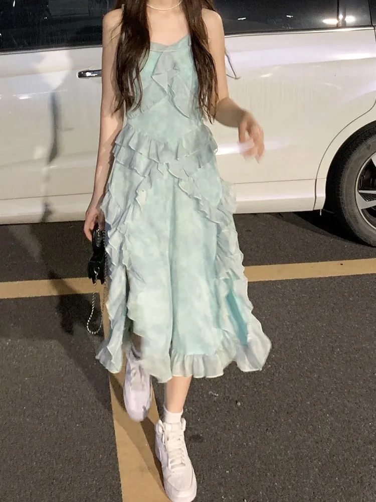 znbbw Women Summer Fairycore Backless V-Neck Asymmetrical Lady Suspender Dresses Vestido 2023 French Elegant Party Female Dress - Image 2