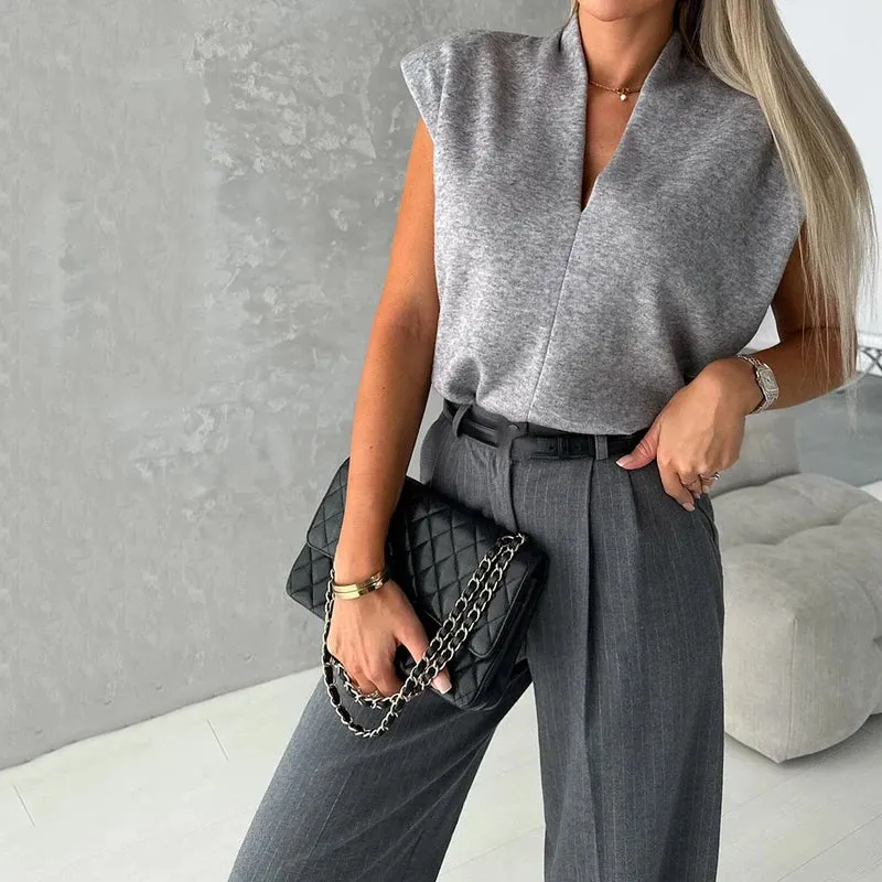 Znbbw 2 Piece Set Autumn Women Office Solid V Neck Sleeveless Vest Top Casual Loose Wide Legs With Pockets Pants Set Streetwear - Image 4