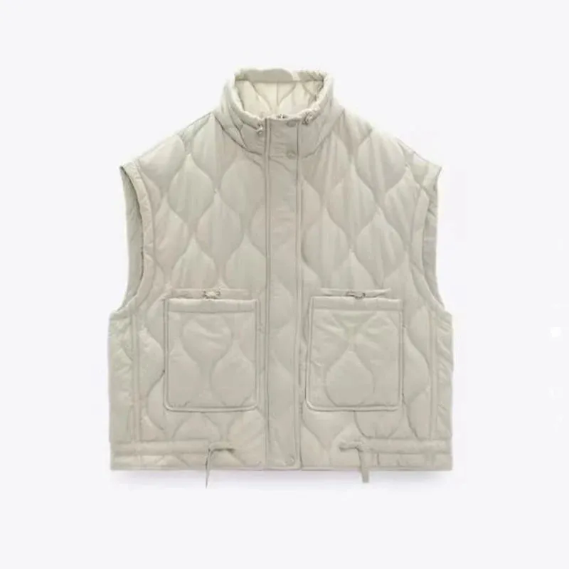 Znbbw All-match Patch Checkered Vest Women Pocket Stand Collar Sleeveless Clothing Female Single Breasted Lace Up Tops Lady - Image 3