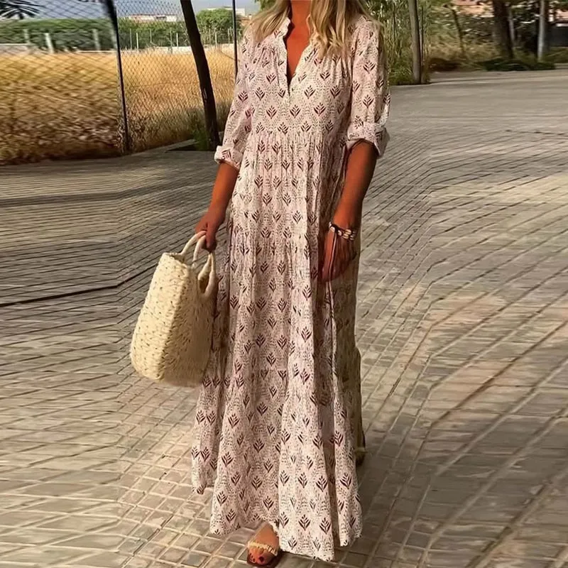 znbbw Women Long Sleeve Boho Pattern Maxi Dress Female Harajuku Fashion Pleat Dresses Vintage Casual Oversized Print Streetwear Dress - Image 6