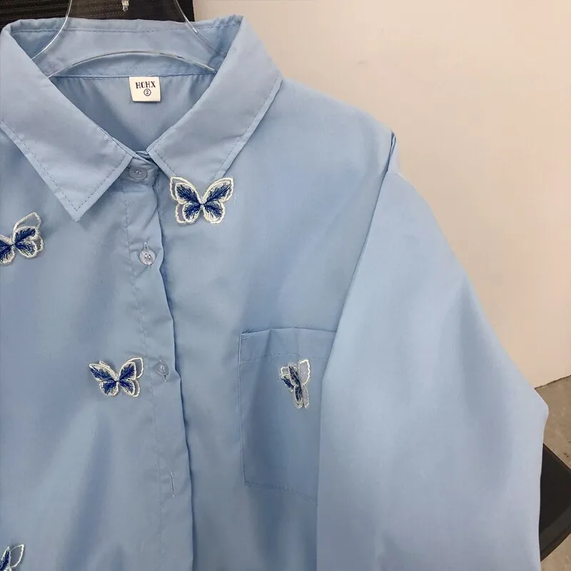 Znbbw Women Shirts Long Sleeve Butterfly Embroidered Blouses Spring Lapel Temperament Solid Female Blusas Basic Outwear Top - Image 6