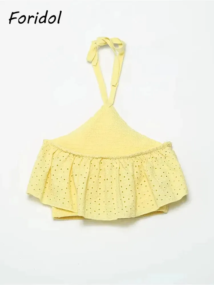 Znbbw Women Yellow Lace Halter Sexy Top Knitted Elastic Ruffles Hollow Out White Crop Top Summer Autumn Cotton Camis 2024 - Image 4