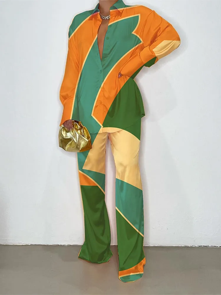 Znbbw Women Printed Long Sleeve Shirt 2 Piece Set Elegant Lapel Single-breasted Tops Suit 2023 Female Wide Leg Pants Outfits - Image 2