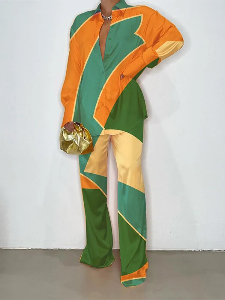 Znbbw Women Printed Long Sleeve Shirt 2 Piece Set Elegant Lapel Single-breasted Tops Suit 2023 Female Wide Leg Pants Outfits - Image 2