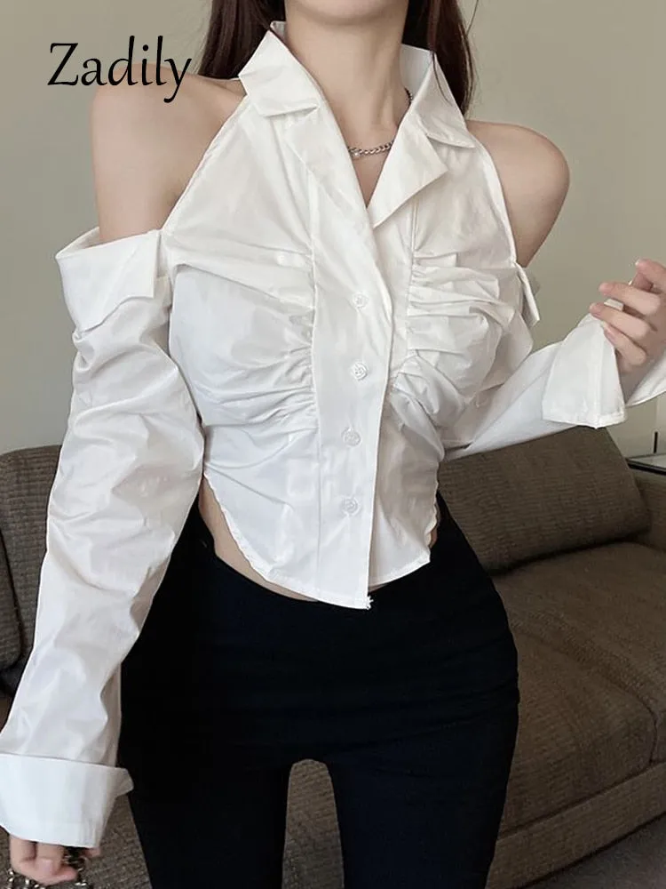 znbbw 2023 Summer Korea Style Long Sleeve Women White Shirt Sexy Button Off The Shoulder Ladies Crop Shirts Blouse Clothing Top - Image 6