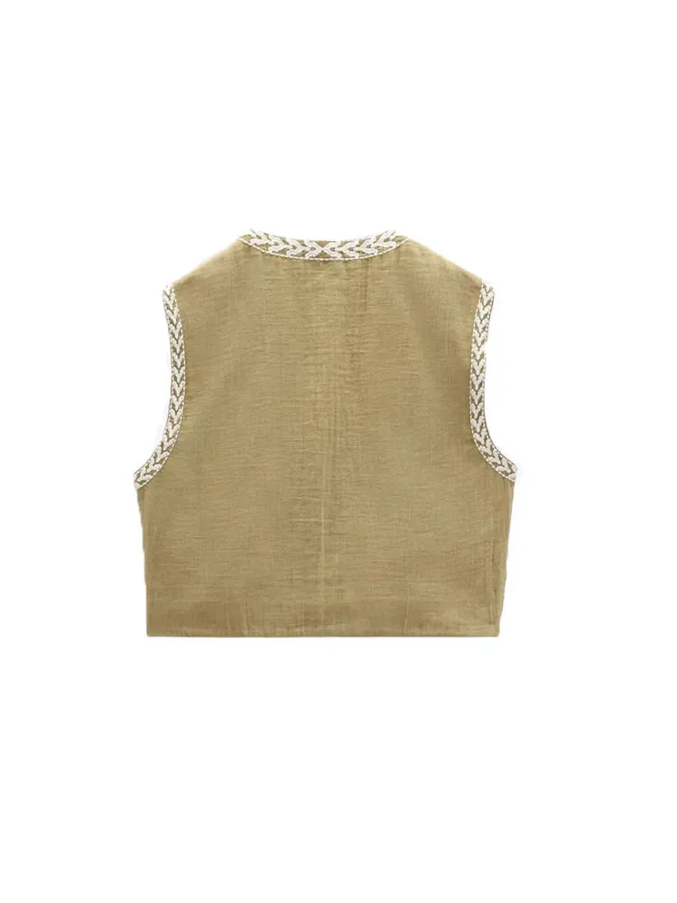 Znbbw TRAF Embroidered Open Waistcoats Women Cotton Basicos Femme Vests Women Sexy Cropped Tops Women Sleeveless Coats - Image 9