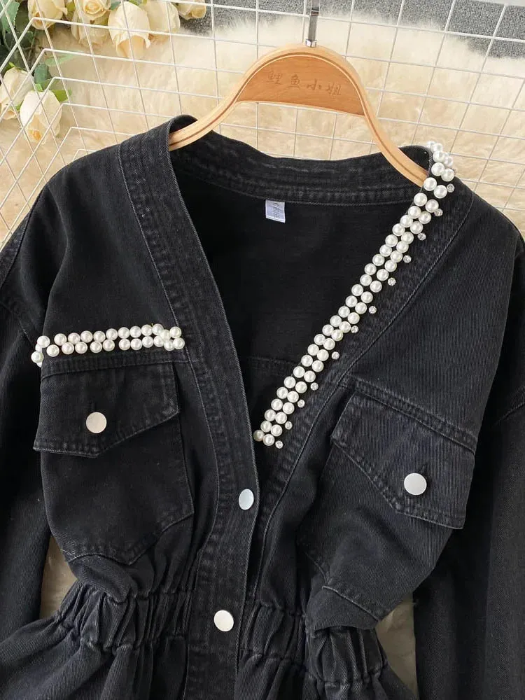 Znbbw 2024 New Retro Denim Jacket Female Temperament V-neck Single-breasted Beaded Waist Slim Crop Top KK1333 - Image 3