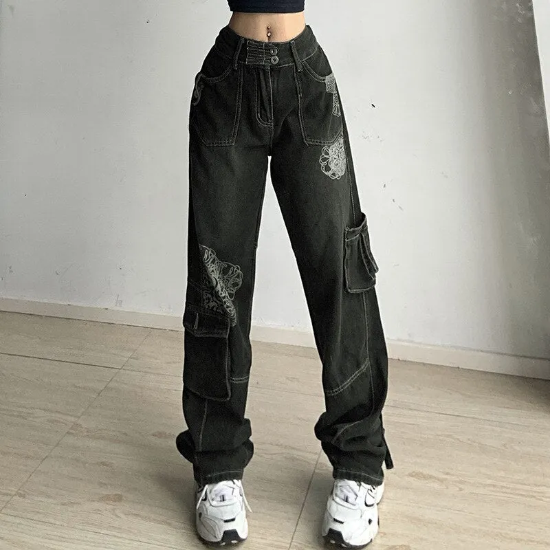 Znbbw Women Wide Leg Jeans Vintage Printed Y2K Low Waist 2023 Baggy Pants Casual Retro Graphic Streetwear Pocket Cargo Denim Trousers - Image 2