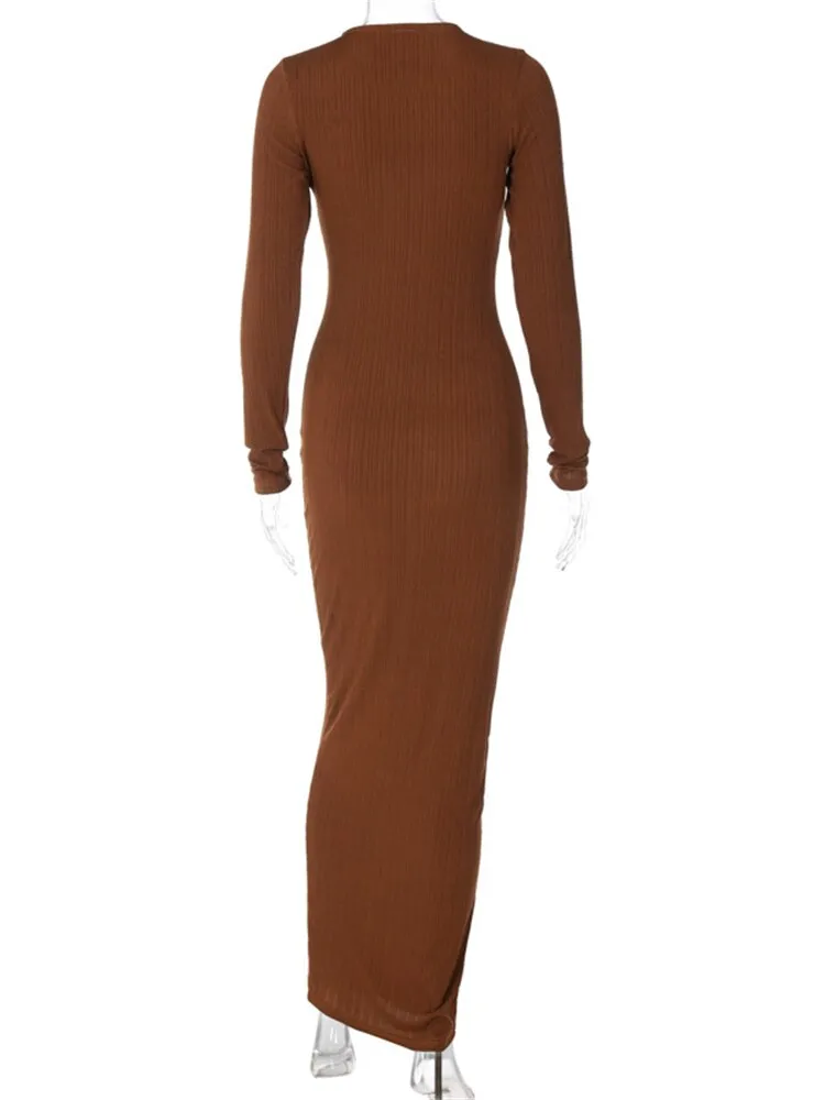 znbbw Autumn Solid Ribbed Bodycon Maxi Dresses Club Outfit For Women 2023 Long Sleeve O Neck Party Long Dress Female Dress - Image 7