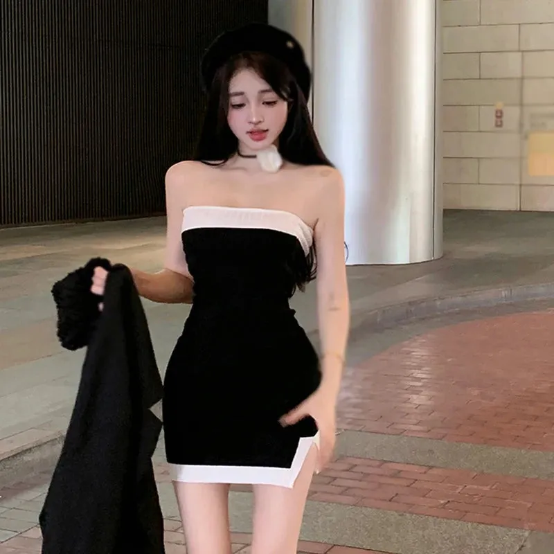 Znbbw Women's Bodycon Dress Korean Version Off Shoulder Contrast Colors Slim Sexy Split Sleeveless Bodycon Strapless Dress - Image 2
