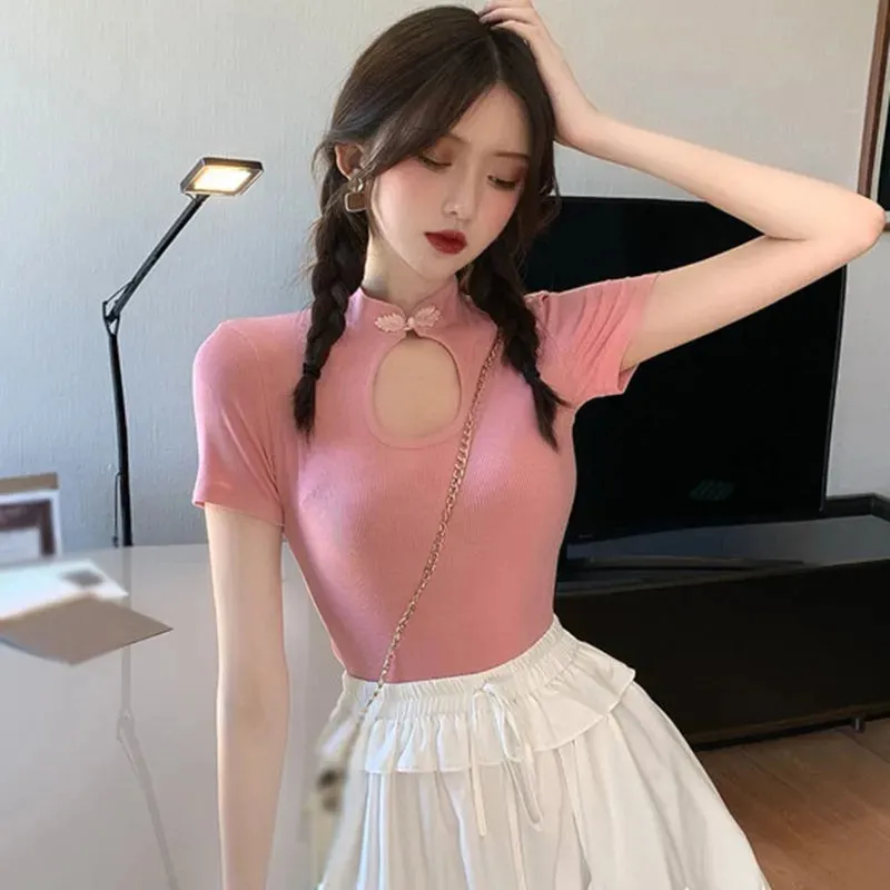 Znbbw Women's Chic Temperament Personality Cheongsam Short Slim T-shirt Short Sleeve Top