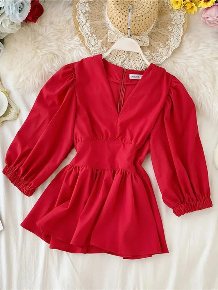 Znbbw Women's V-neck Shirt Spring Summer Temperament Lady Style Was Thin Waist Full Shirt Tide Solid Puff Sleeve Tops Blouses ML564 - Image 2