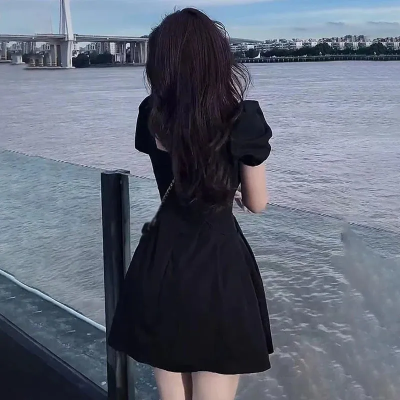 Znbbw Women's Dress Summer Korean Version Solid Color Square Neck Slim Sweet Fashion Puff Short Sleeve Dress - Image 6