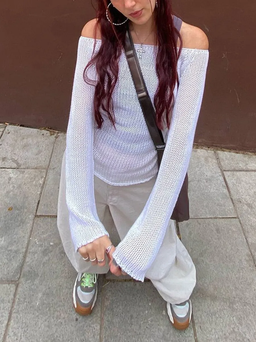 Znbbw Hollow Out Cropped Knit Smock Top Vintage Loose Vintage Crochet Pullovers Flare Sleeve Casual Fairycore Chic Cloth - Image 3