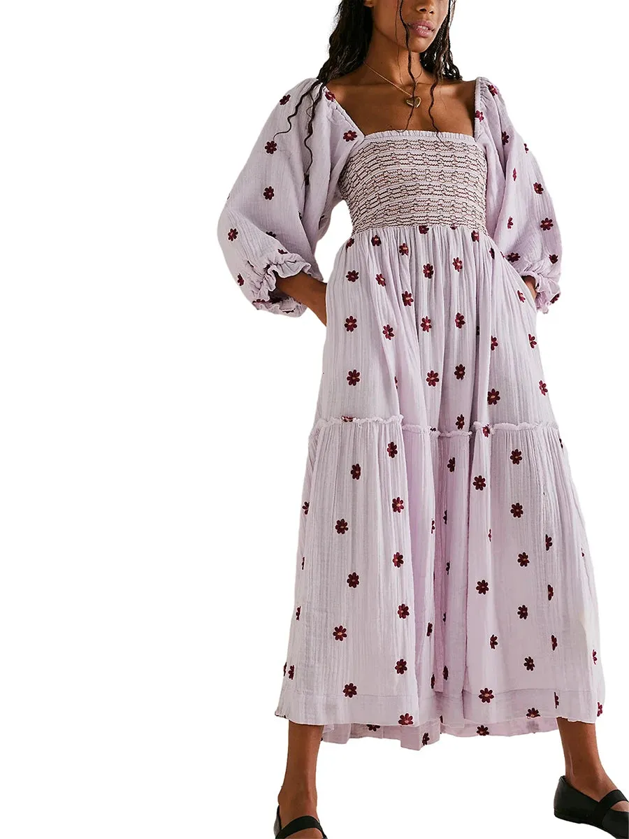 Znbbw Women's Flower Embroidered Long Dress Bodycon Lantern Sleeve Square Neck Tiered Flowy Dress Bohemian Summer Beachwear Dresses - Image 3