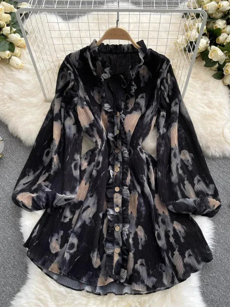 Znbbw Autumn New Fashion Temperament Retro Printing Vestidos Female V-neck Puff Sleeve V-neck Tie Waist Dress KK1144 - Image 6