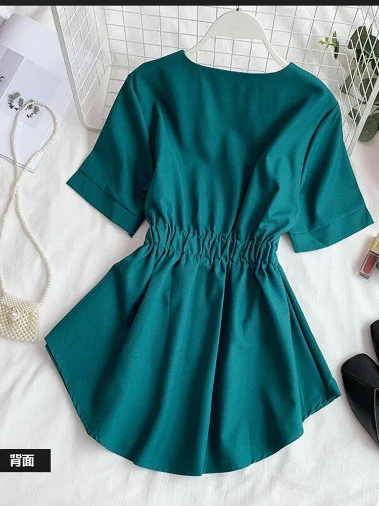 Znbbw Women's Shirt Korean Fashion Black Red Solid Color V-neck Short Sleeve Ruffled Tops Blouses GD471 - Image 4