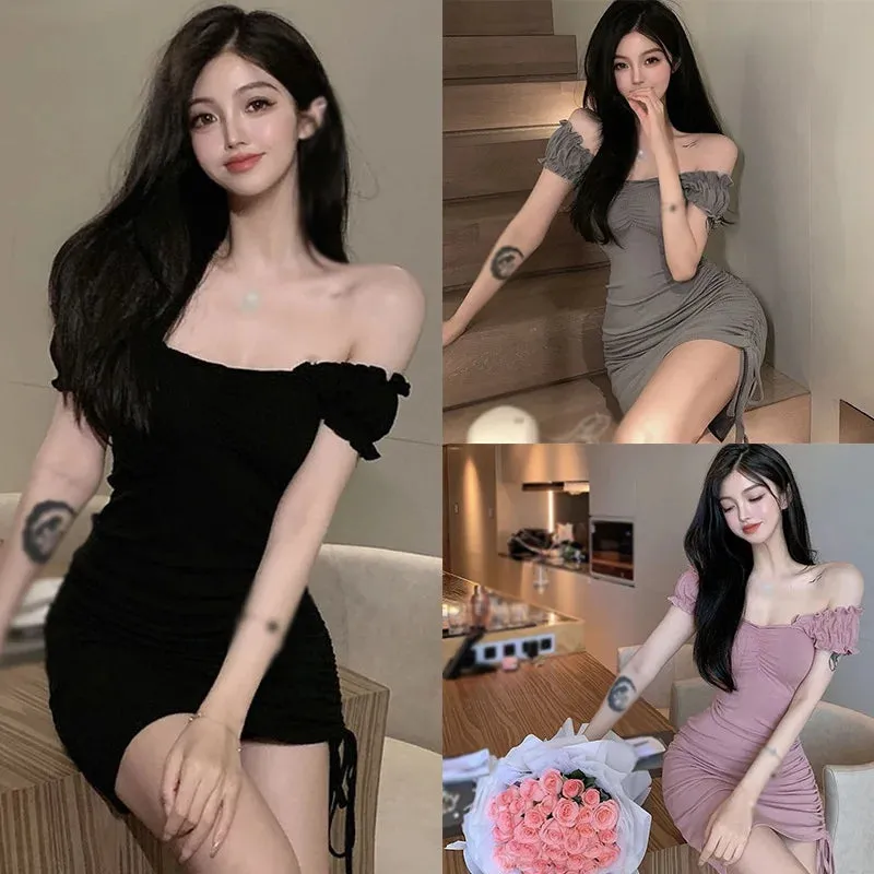 Znbbw Women's Korean Edition Dress Summer One Line Neck Slim Fit Drawstring Bubble Sleeve Sexy Short Sleeve Dress - Image 4