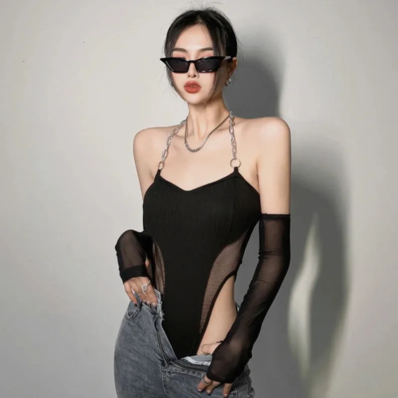 Znbbw Women's Bodysuit American Retro Chain Gauze Splicing Slim Sexy Long Sleeves Basic Jumpsuit Top - Image 7