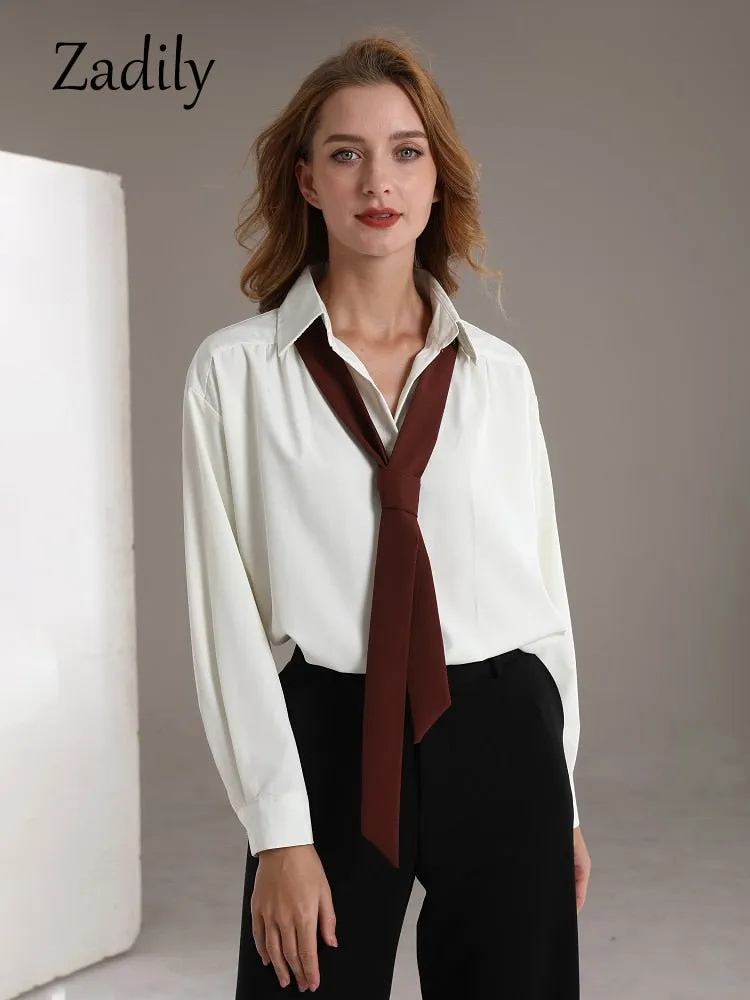 znbbw 2023 Spring Office Lady Long Sleeve Folds Women Basic Shirt Minimalist Tie Button Up Loose Woman Tunic Blouse Clothing - Image 5