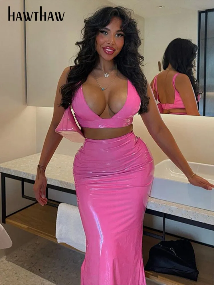 Znbbw Women Sexy Pu Leather Tank Tops Long Skirt Two Piece Sets Outfits 2023 Summer Fall Clothing Wholesale Items For Business - Image 2